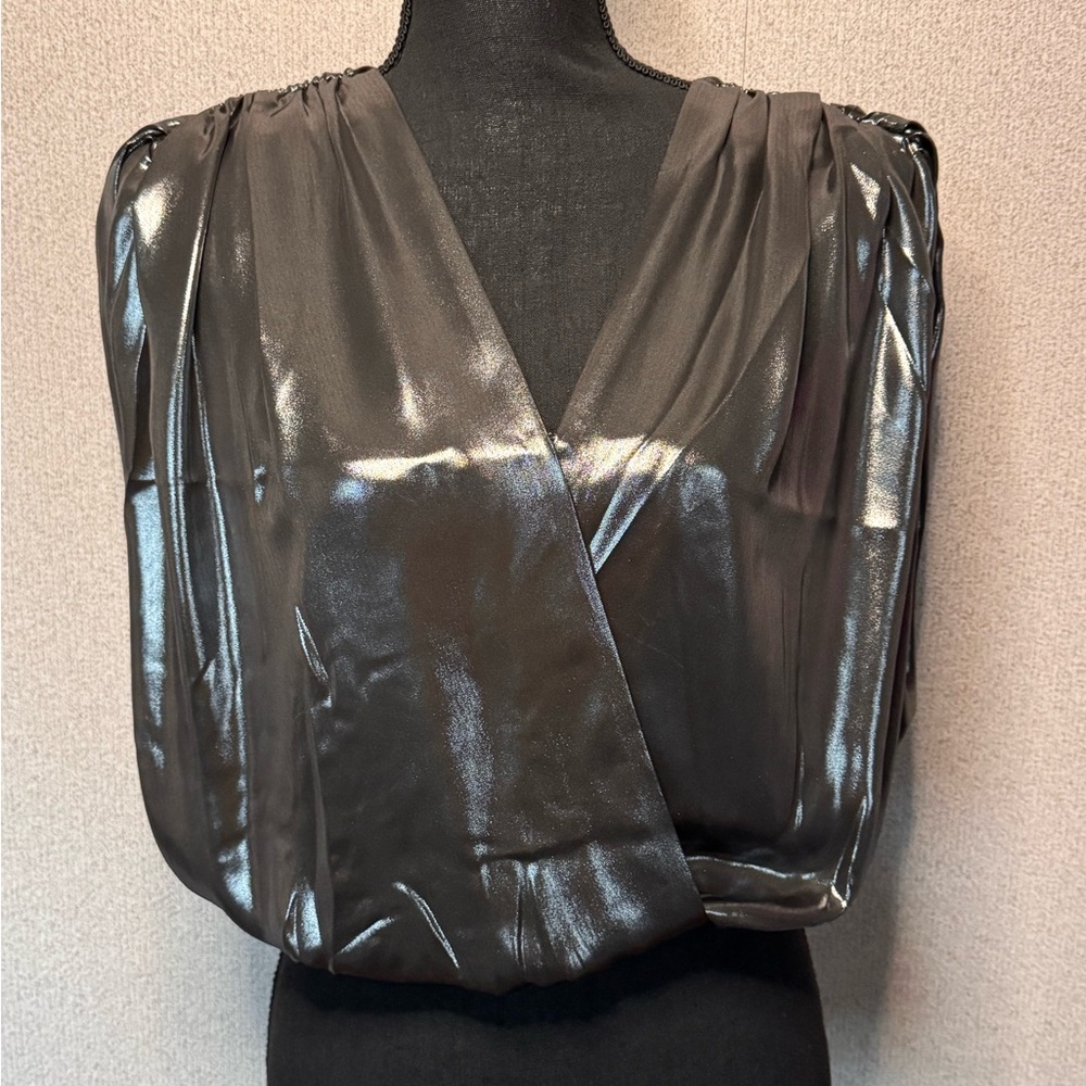 Express Women's Metallic Silver Surplice Crossover Top Size Small